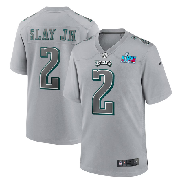 Men's GreyPhiladelphia Eagles #2 Darius Slay Jr.  Super Bowl LVII Patch Atmosphere Fashion Stitched Game Jersey